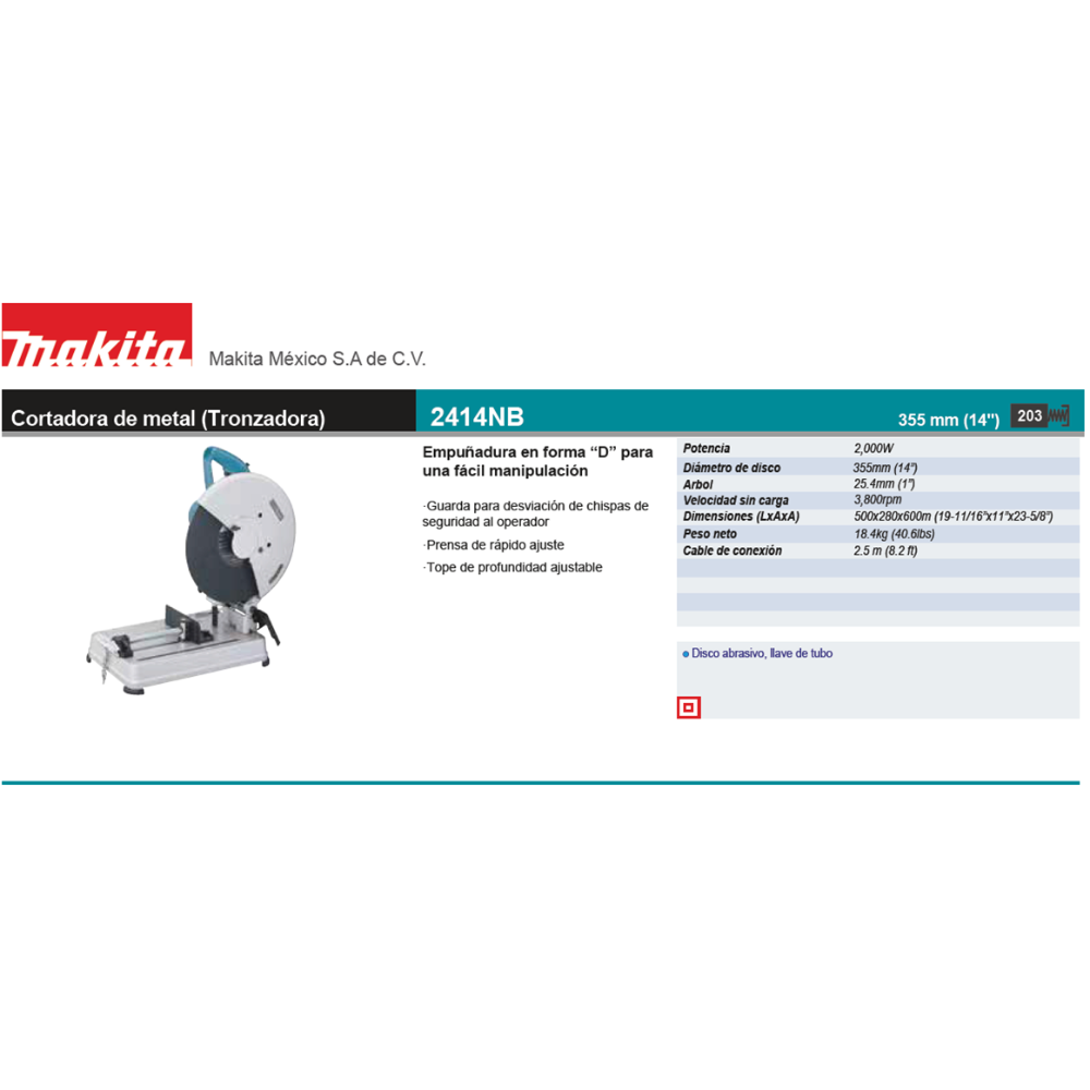 Tronzadora de Metales Makita 2414NB de 14" (355mm) - 2000W - ¡ÚLTIMA PIEZA EN LIQUIDACIÓN!