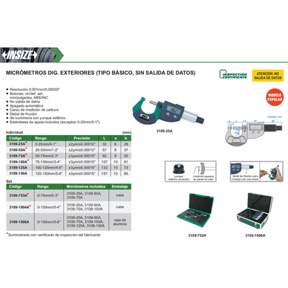 Micrómetro Digital de Exteriores INSIZE Serie 3109