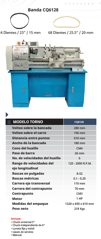 Torno Mecánico de Banco Industrial CQ6128 - Volteo 11" (280mm) entre Puntos 610mm