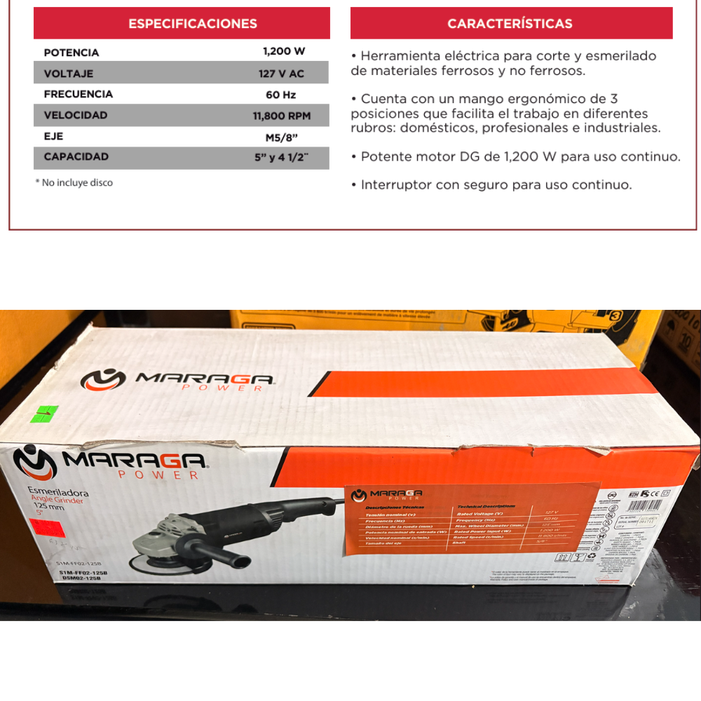 Esmeriladora Angular Maraga Power de 5" (125mm) - 1200W - ¡PRECIO DE LIQUIDACIÓN!